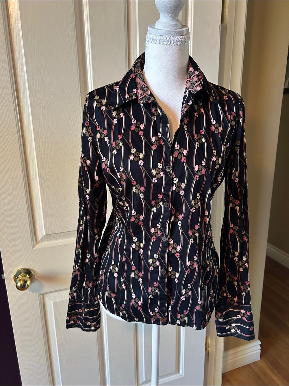 Ted Baker Black Button-Down Shirt with Pink & Cream Chain Print